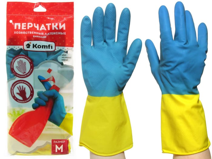 Перчатки латексные хозяйственные Биколор синий+желтый 47г Komfi, M (bicolo2) Перчатки латексные хозяйственные Биколор синий+желтый 47г Komfi, M (bicolo2)