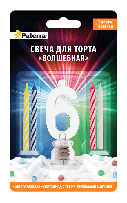 Свеча для торта "Волшебная" LED PATERRA, №"6" Свеча для торта "Волшебная" LED PATERRA, №"6"